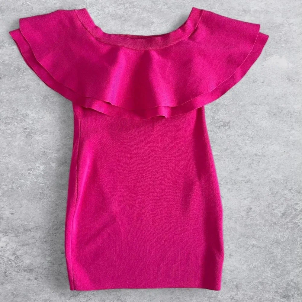 Endless Rose Fuchsia Pink‎ Off the Shoulder Ruffle Knit Bodycon Mini Dress M
